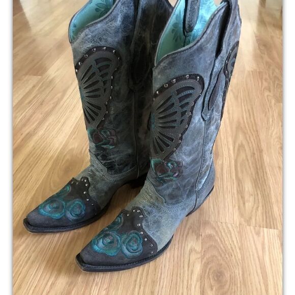 CORRAL VINTAGE LD Blue Jean Leather Butterfly & Roses C1150 - Picture 3 of 13